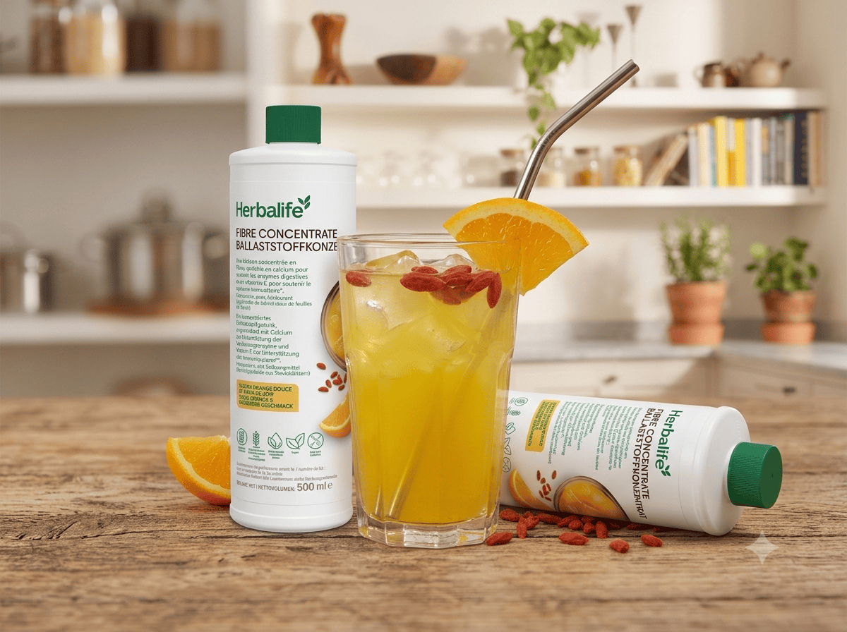 Glas mit Ballaststoffkonzentrat-Getränk, garniert mit Orangenscheiben und Gojibeeren, daneben die Flasche